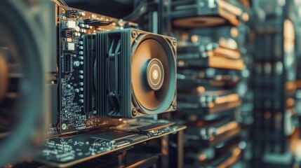 Close-up of a computer cooling fan on a circuit board amidst a server room background