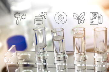Chemical test bottles used in experiments and research for medical development