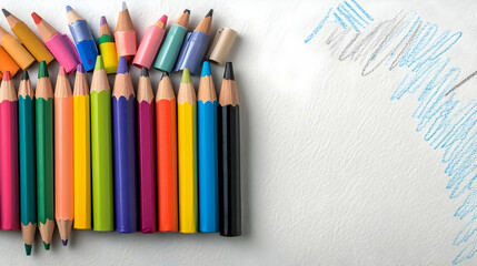 Fototapeta premium Colorful pencils arranged on white background, creative sketching, art supplies, education