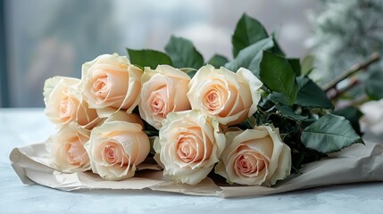 Obraz premium Peach roses bouquet on table by window, floral gift or decor