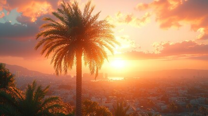 Sunset Cityscape with Palm Tree Silhouette