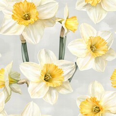 Elegant White and Yellow Daffodils on Soft Gray Background