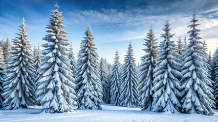 Snow-covered fir trees stand tall in a frosty forest, forest landscape