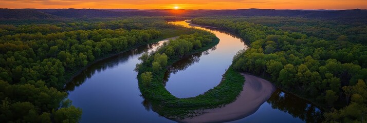 Aerial view, winding river, lush green forest, golden sunset, dramatic sky, oxbow lake, reflective water surface, panoramic landscape, vibrant colors, dense vegetation, natural wonder, bird's eye pers