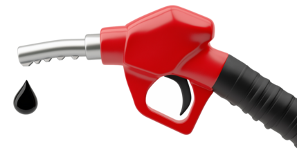 Red fuel nozzle dripping oil on transparent background