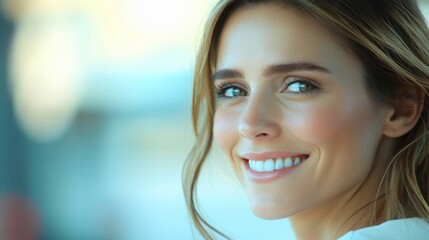 Obraz premium A woman with a bright smile and long brown hair