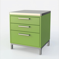 Modern green metal cabinet with stainless steel top and drawers