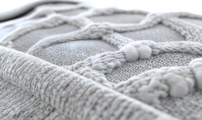 Close-up textured knit fabric, gray, home decor, detail shot, soft background, website use