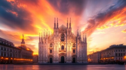 Naklejka premium A beautifully preserved Gothic cathedral with intricate stone carvings and tall spires, photographed under a dramatic sky