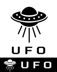 Minimalist UFO logo featuring a flying saucer emitting beams in black and white 