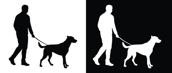 Man walking with dog vector silhouette illustration black and white background.

