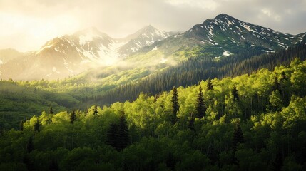 Fototapeta premium Majestic sunset illuminating snow-capped mountains and lush green forest.