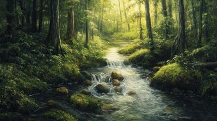 Obraz premium Sunlit stream flowing through lush green forest. (3)