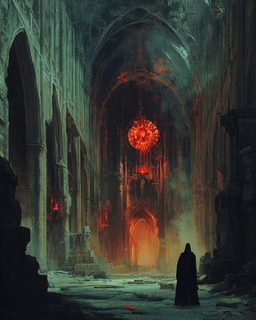 A lone traveler stumbling upon a hidden Satanic sect in the ruins of an old cathedral