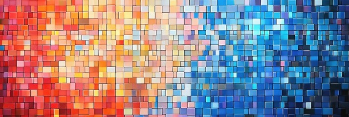 Fototapeta premium Colorful mosaic wall, vibrant abstract pattern, red orange yellow blue gradient, geometric square tiles, glowing illuminated background, retro disco aesthetic, pixelated texture, dynamic lighting effe