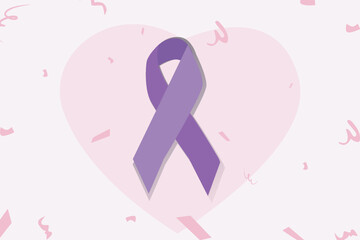 World cancer day vector with purple ribbon and heart shape. as well as ribbon decorations. suitable for banners, social media and web for celebration of world cancer day and international women's day