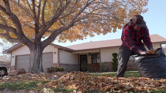 Man Tieing Off Trashbag of Leaves