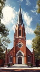 Brick church under a blue sky