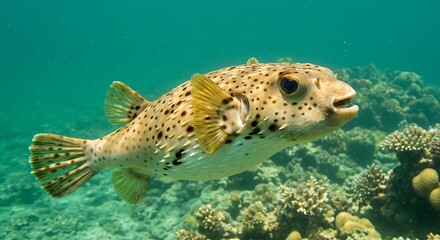 Obraz premium Poisson-globe tacheté nageant près du récif corallien. Photo de stock pour la faune marine, les poissons tropicaux, la plongée et les écosystèmes océaniques.