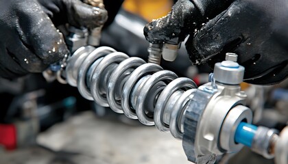 Gloved hands inspect a motorcycle shock absorber