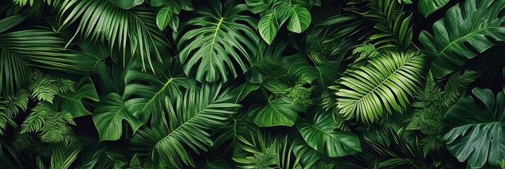 Lush tropical foliage, vibrant green monstera leaves, dense jungle vegetation, exotic plant textures, dark shadowy background, rich emerald hues, botanical close-up, rainforest undergrowth, natural li