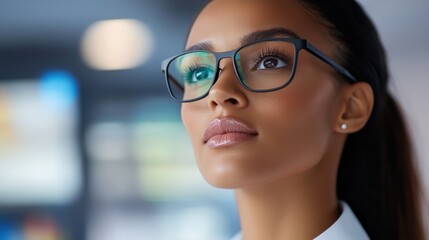 A businesswoman using augmented reality glasses to navigate a financial presentation in a high-tech office