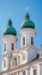 Fototapeta premium Twin church towers against blue sky
