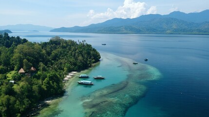 Aerial view of a tropical island with boats and turquoise waters surrounded by mountains