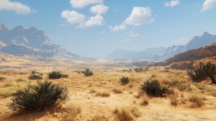 Fototapeta premium Panoramic view of a vast desert landscape under a bright sky, featuring sandy plains, sparse vegetation, and majestic mountains in the background.