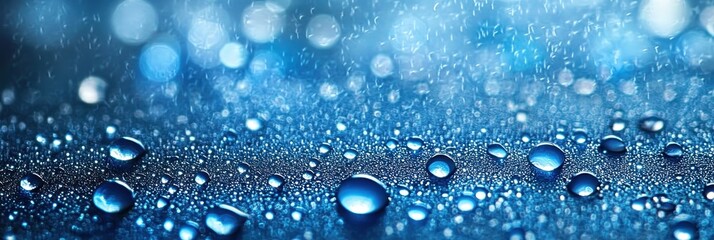 water droplets, macro photography, blue background, bokeh, shimmering, reflective surfaces, high detail, depth of field, abstract, nature close-up, spherical shapes, moisture, dewdrops, liquid texture
