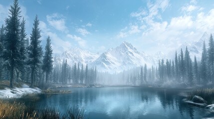 Fototapeta premium Serene winter landscape with snow-capped mountains reflected in a calm lake, surrounded by a pine forest under a clear sky.