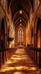 Fototapeta premium Sunlit cathedral aisle, serene beauty