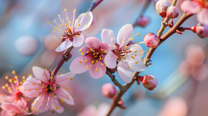 Close-up of delicate pink blossoms on a branch, showcasing spring beauty and nature's details.