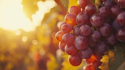 Ripe grapes on vine at sunset in vineyard