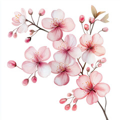 Watercolor botanical illustration of cherry blossoms, dense arrangement, high resolution on white background