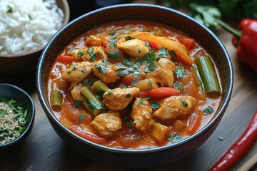 Red Chicken Curry with Rice and Vegetables