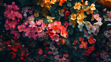 A vibrant display of colorful flowers in full bloom, creating a lush, natural backdrop.