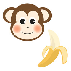 Monkey face with a friendly smile and rosy cheeks, alongside a peeled banana. Adorable vector illustration features a cartoon-style.