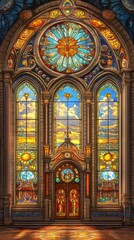 Obraz premium Sunlit stained-glass church interior