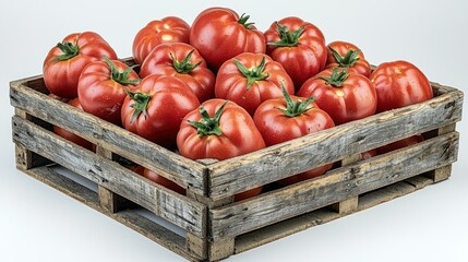 Ripe red tomatoes in a wooden crate on a white background