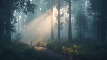 A serene forest scene with sunlight filtering through misty trees.