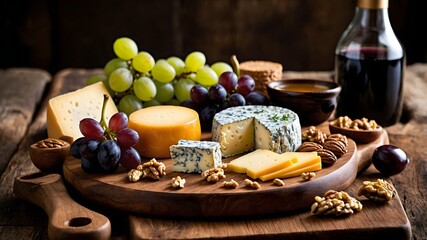 A luxurious cheese board setup with brie, gouda, cheddar, and blue cheese, accompanied by grapes, walnuts, honey drizzle, and a glass of red wine on a rustic wooden table.