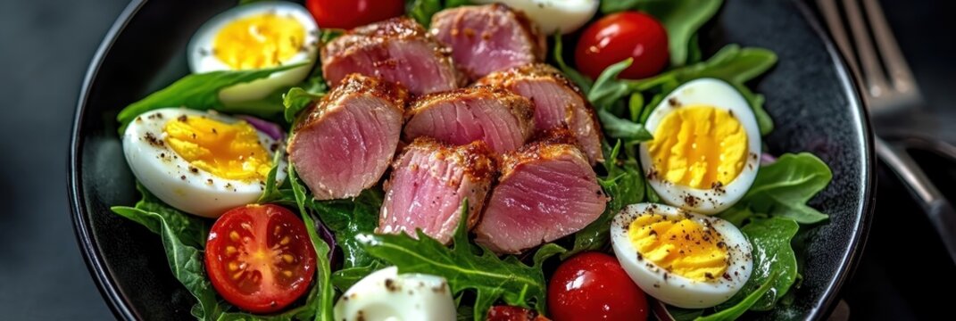Gourmet steak salad, medium-rare beef slices, colorful cherry tomatoes, halved boiled eggs, fresh green lettuce, black cast iron skillet, rustic wooden table, overhead view, vibrant food photography, 
