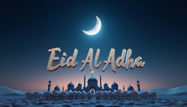 Eid Al Adha, Islamic festival of sacrifice, with mosque, sheep, and crescent moon. Concept of faith, devotion, and celebration.
