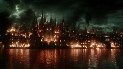 Gothic Cityscape Inferno Burning Architecture by Water