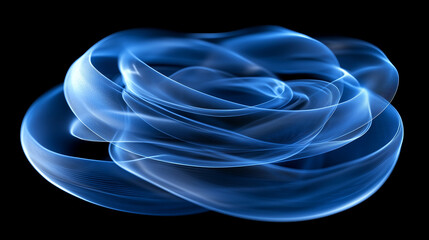Abstract swirling form, translucent, pastel blues smoke swirls on black background