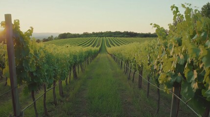 Sunset Vineyard Landscape Lush Green Vines at Golden Hour