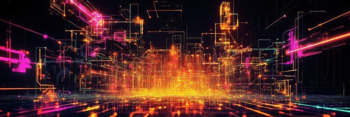 Obraz premium Futuristic cyberpunk tunnel, neon lights, glowing energy core, high-tech corridor, digital abstract, sci-fi environment, vibrant colors, holographic displays, geometric patterns, data streams, virtual