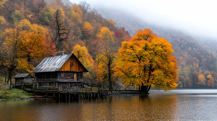 Fototapeta premium Autumn lake cabin, misty mountains, fall foliage, peaceful scene, nature photography