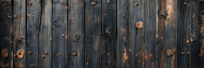 Fototapeta premium Dark wooden planks, weathered texture, rustic barn door, vertical boards, iron nails, aged wood grain, moody lighting, antique patina, rural architecture, panoramic view, grungy surface, earthy tones,